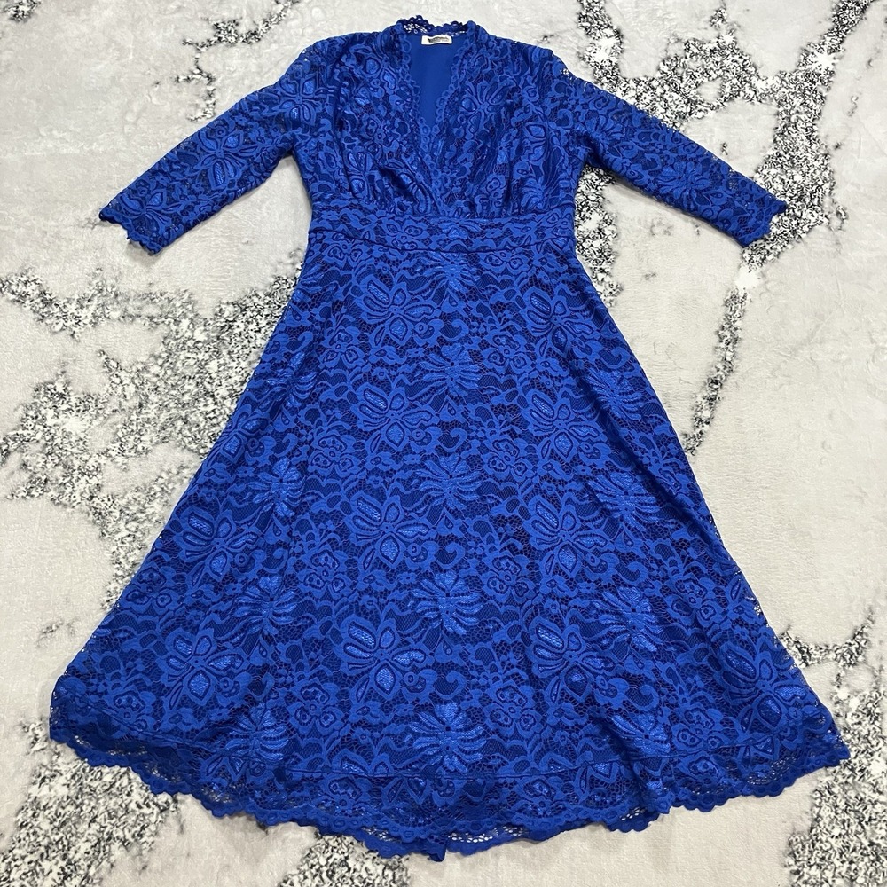 Kiyonna 0X Blue Lace Fit & Flare Midi Dress 3/4 Sleeve V Neck Wedding Guest
